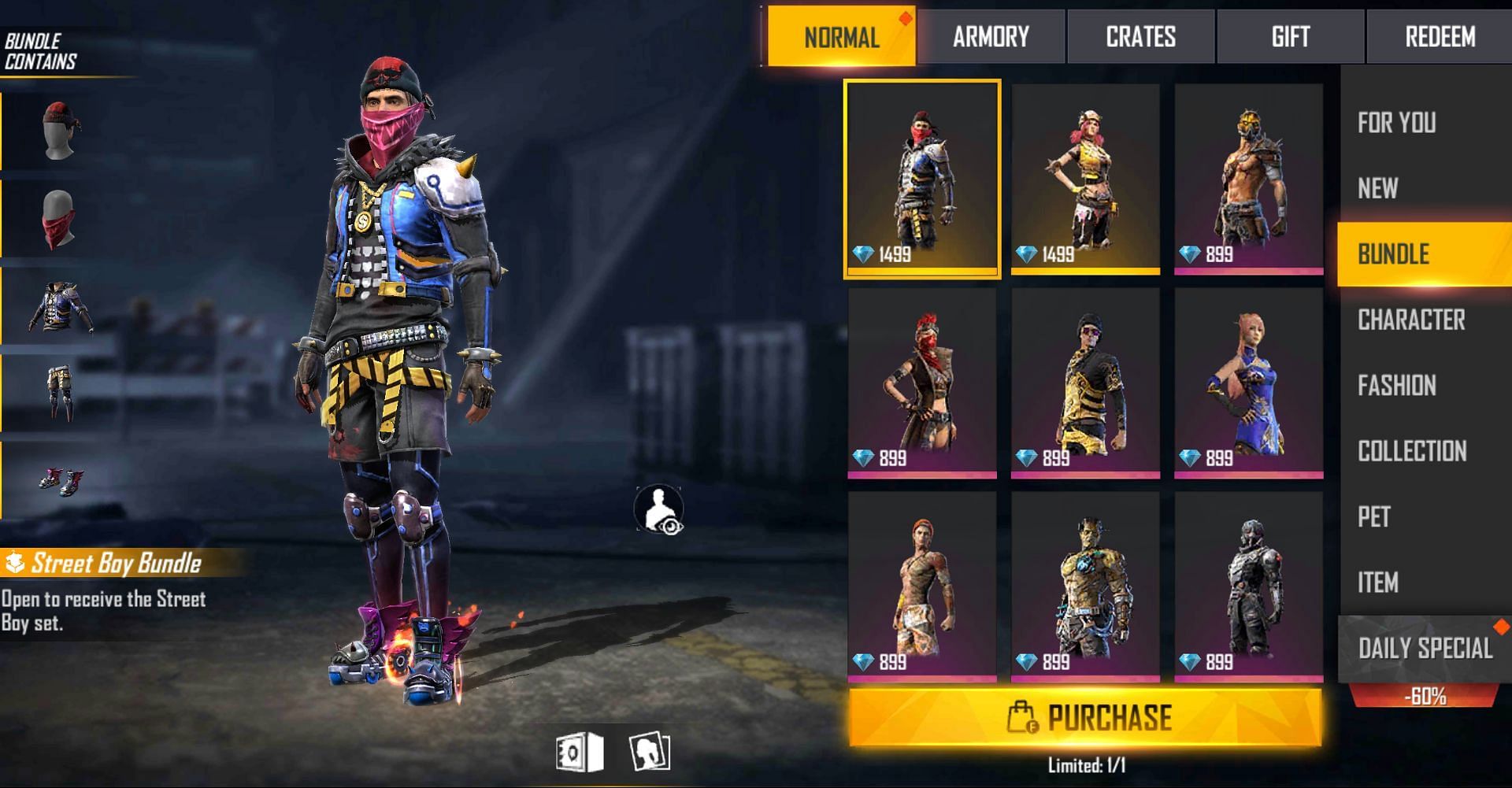 Street Boy Bundle is up for 1499 diamonds (Image via Free Fire)