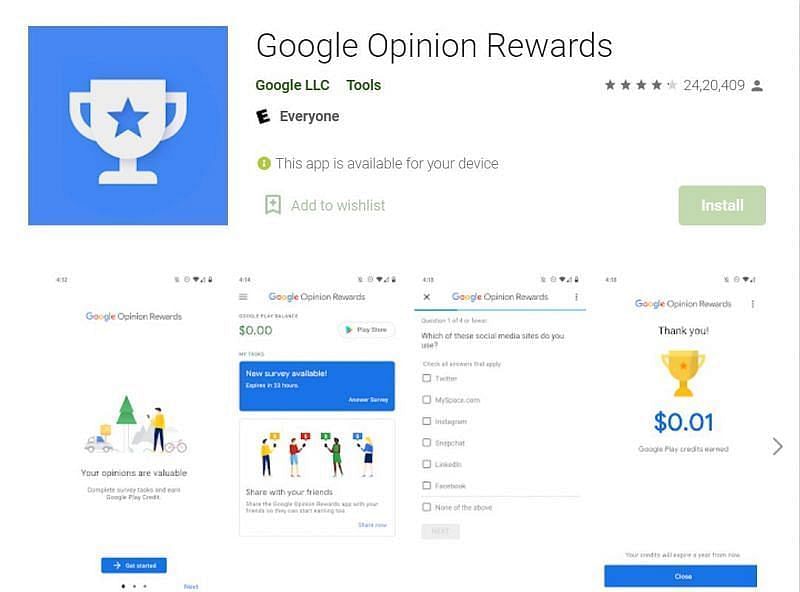 गूगल ओपिनियन रिवॉर्ड्स से प्लेयर्स मुफ्त में डायमंड्स प्राप्त कर सकते हैं (Image credit: Google Play Store)