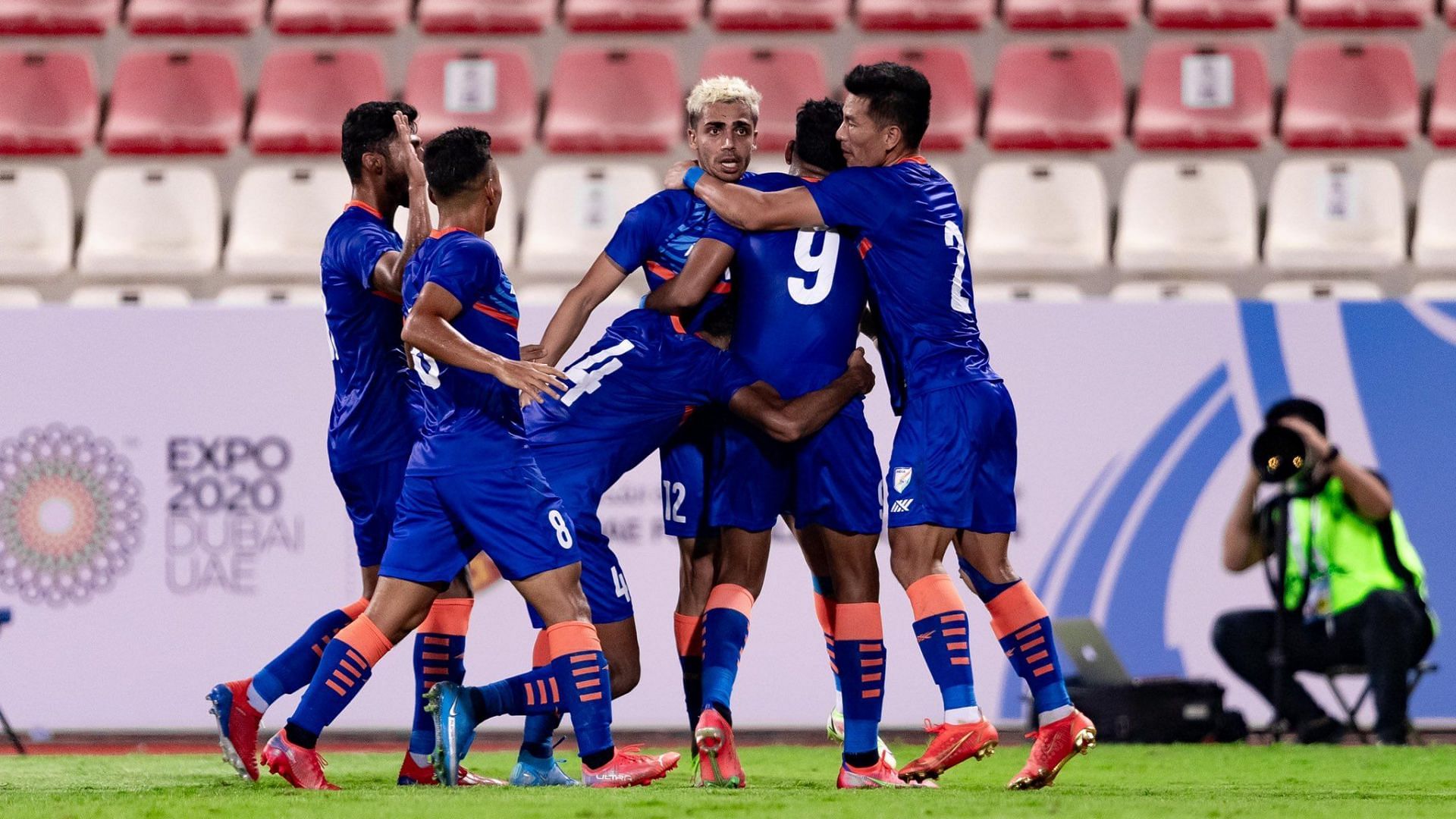 India U23 celebrate after scoring against Oman U23 in the AFC Asian Cup U23 qualifiers