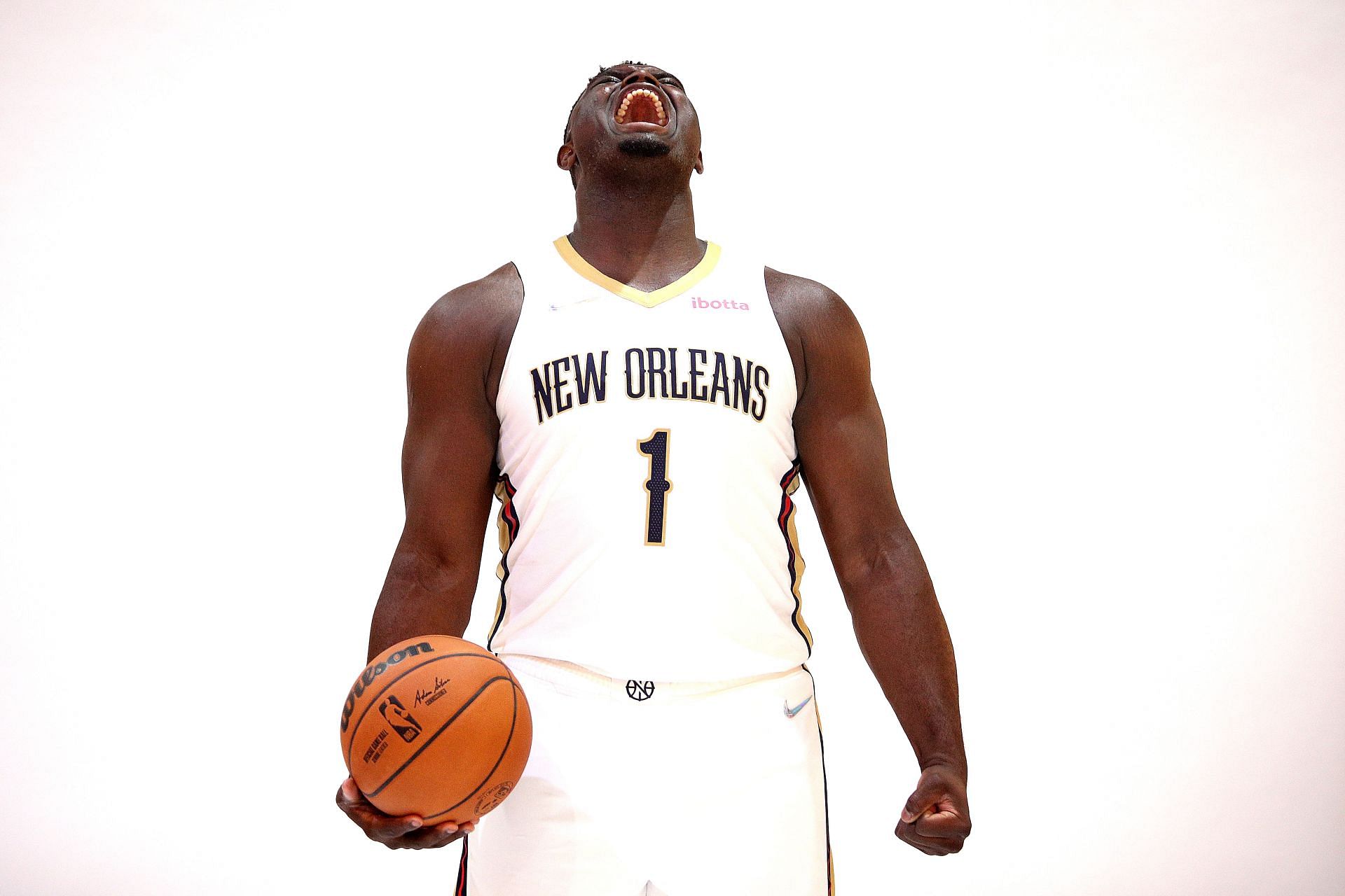 Zion Williamson #1 of the New Orleans Pelicans poses for photos during Media Day at Smoothie King Center on September 27, 2021 in New Orleans, Louisiana.