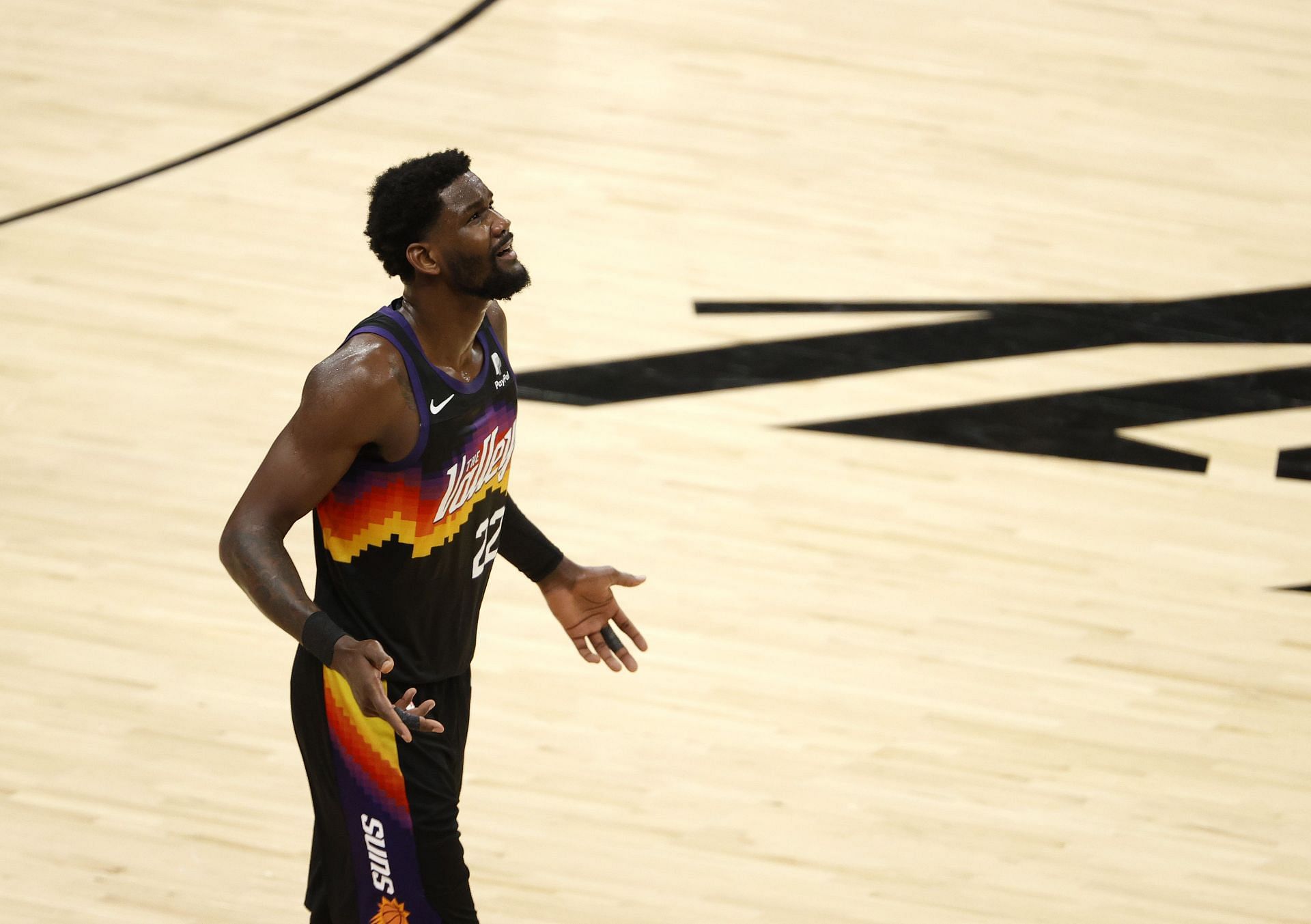 Deandre Ayton #22 of the Phoenix Suns reacts against the Milwaukee Bucks during the second half in Game Five of the NBA Finals at Footprint Center on July 17, 2021 in Phoenix, Arizona.