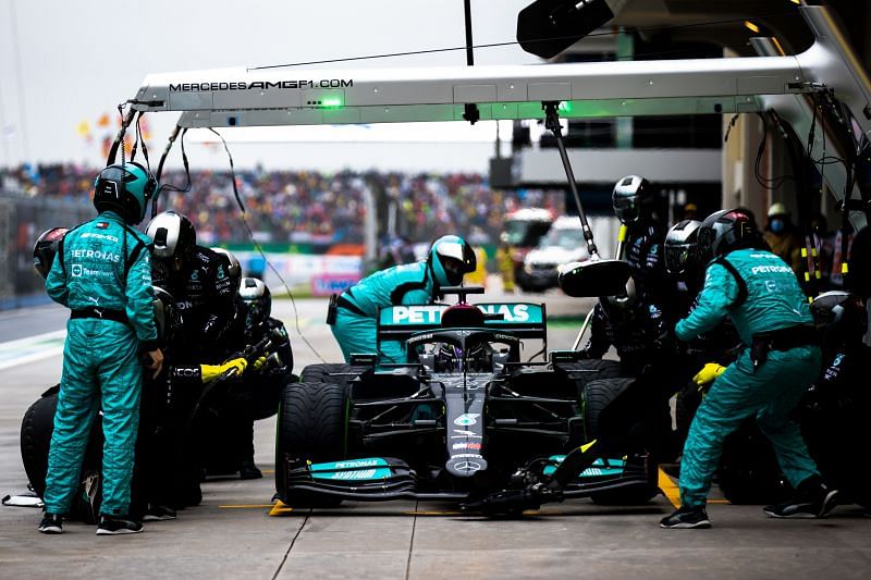 Lewis Hamilton in the pits at the 2021 Turkish Grand Prix. (Photo by Mark Thompson/Getty Images)