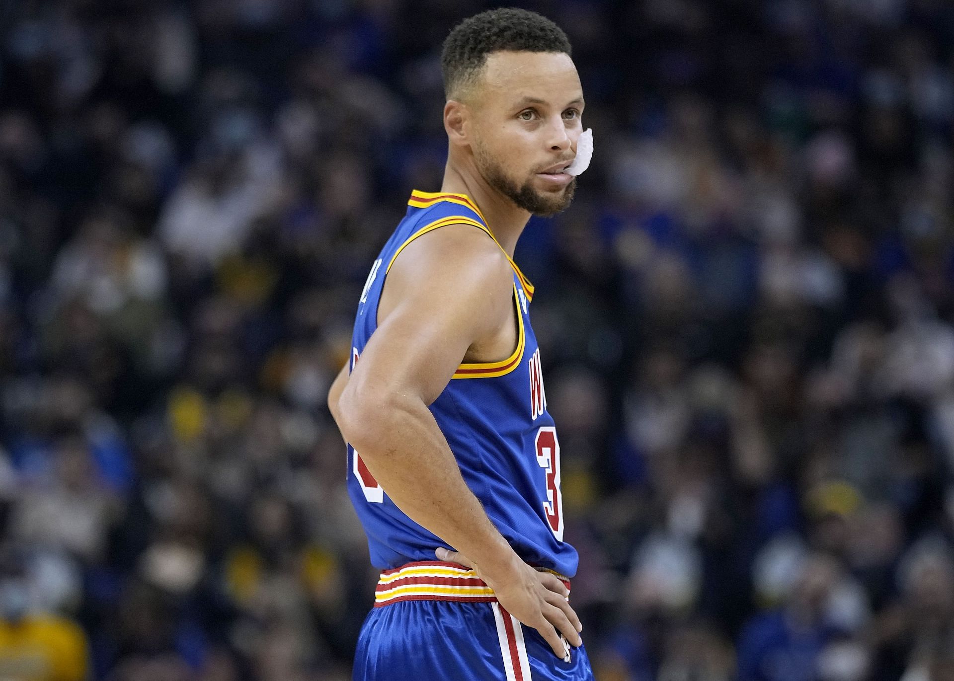 Stephen Curry looks on at the LA Clippers v Golden State Warriors game