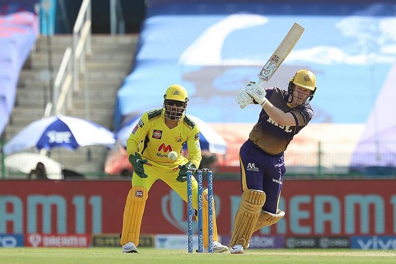 Eoin Morgan driving one through mid-wicket.
