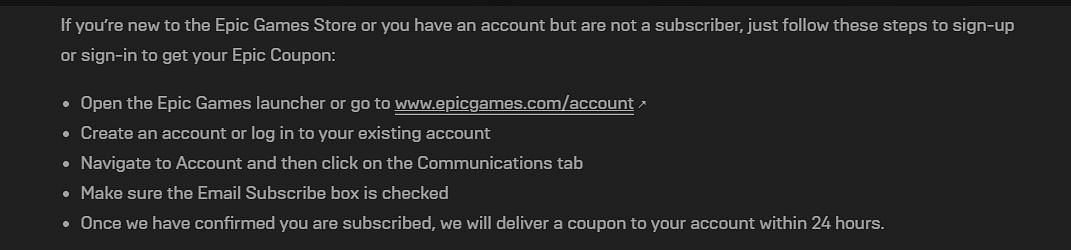 Steps to register to be eligible for the free $10 Epic Games Coupon from Epic Games Store (Image via Epic Games Store)