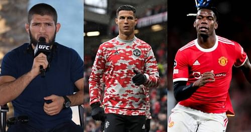 Khabib Nurmagomedov (left); Cristiano Ronaldo (center); Paul Pogba (right).