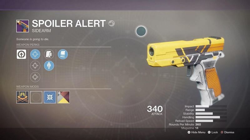 Spoiler Alert sidearm from Year 1 (Image via Destiny 2)