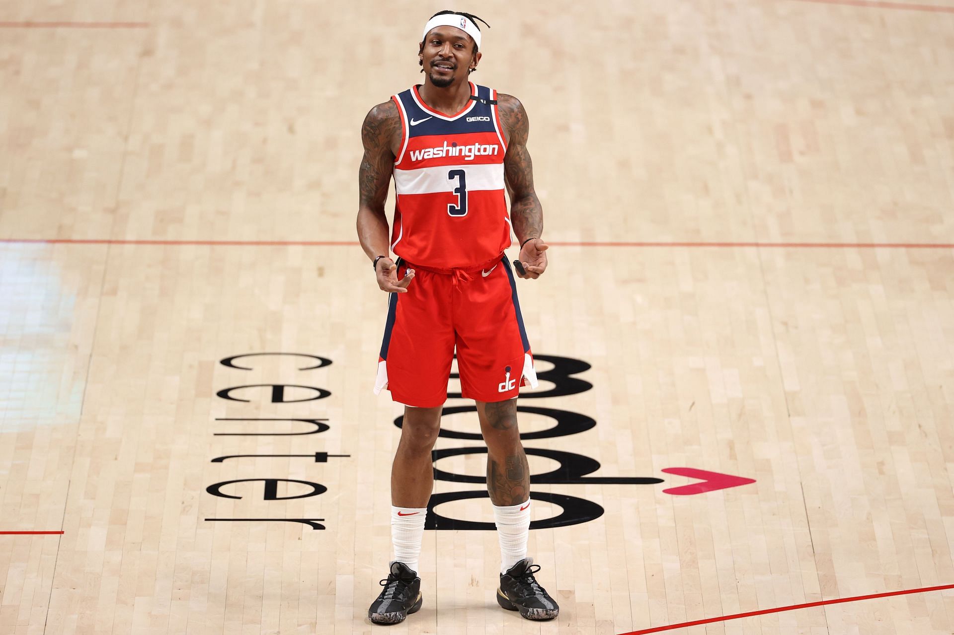 Bradley Beal #3 of the Washington Wizards reacts in the first quarter against the Portland Trail Blazers at Moda Center on February 20, 2021 in Portland, Oregon.