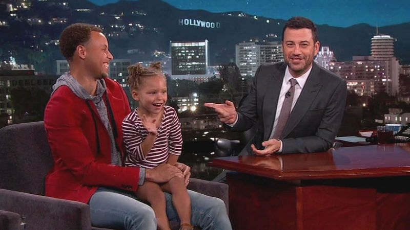 Stephen Curry with his daughter Riley on Jimmy Kimmel Live in 2015