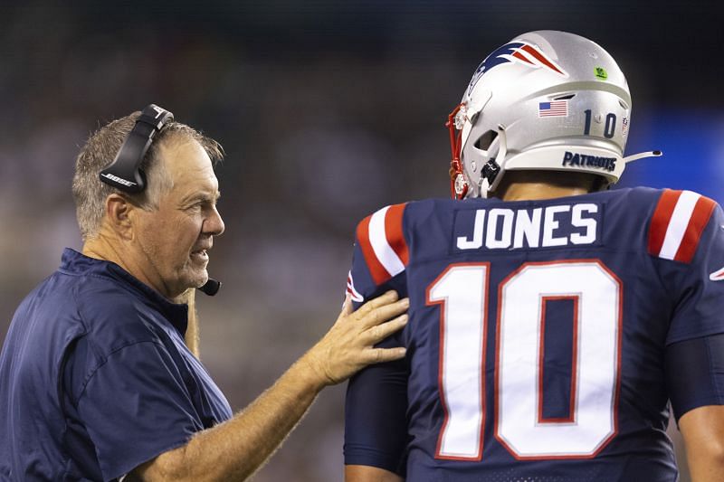 New England Patriots head coach Bill Belichick with quarterback Mac Jones