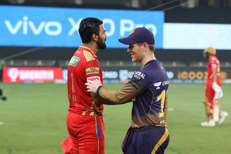 KL Rahul and Eoin Morgan after PBKS&#039;s win on Saturday, (PC: IPLT20.com)