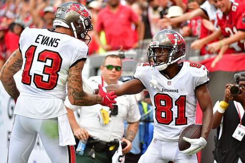 Tampa Bay Buccaneers wide receivers Mike Evans and Antonio Brown celebrate