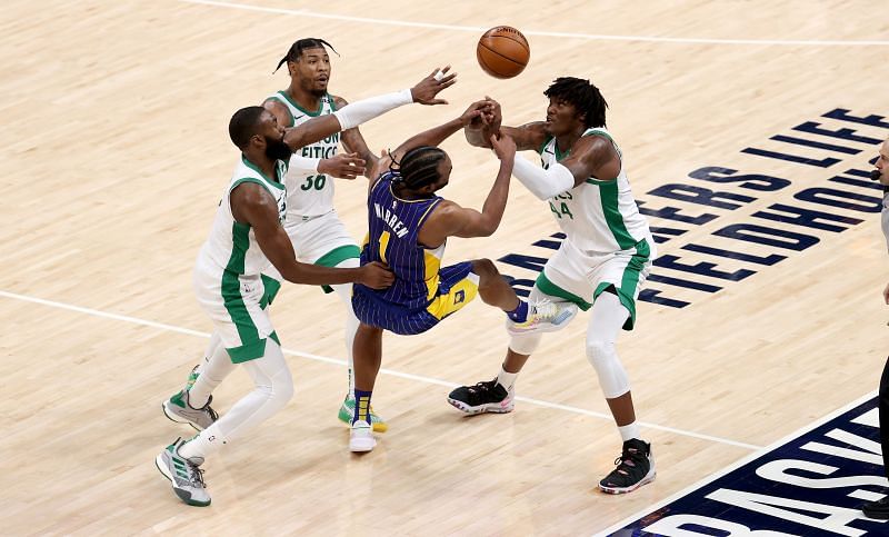 The Boston Celtics playing team defense against the Indiana Pacers.