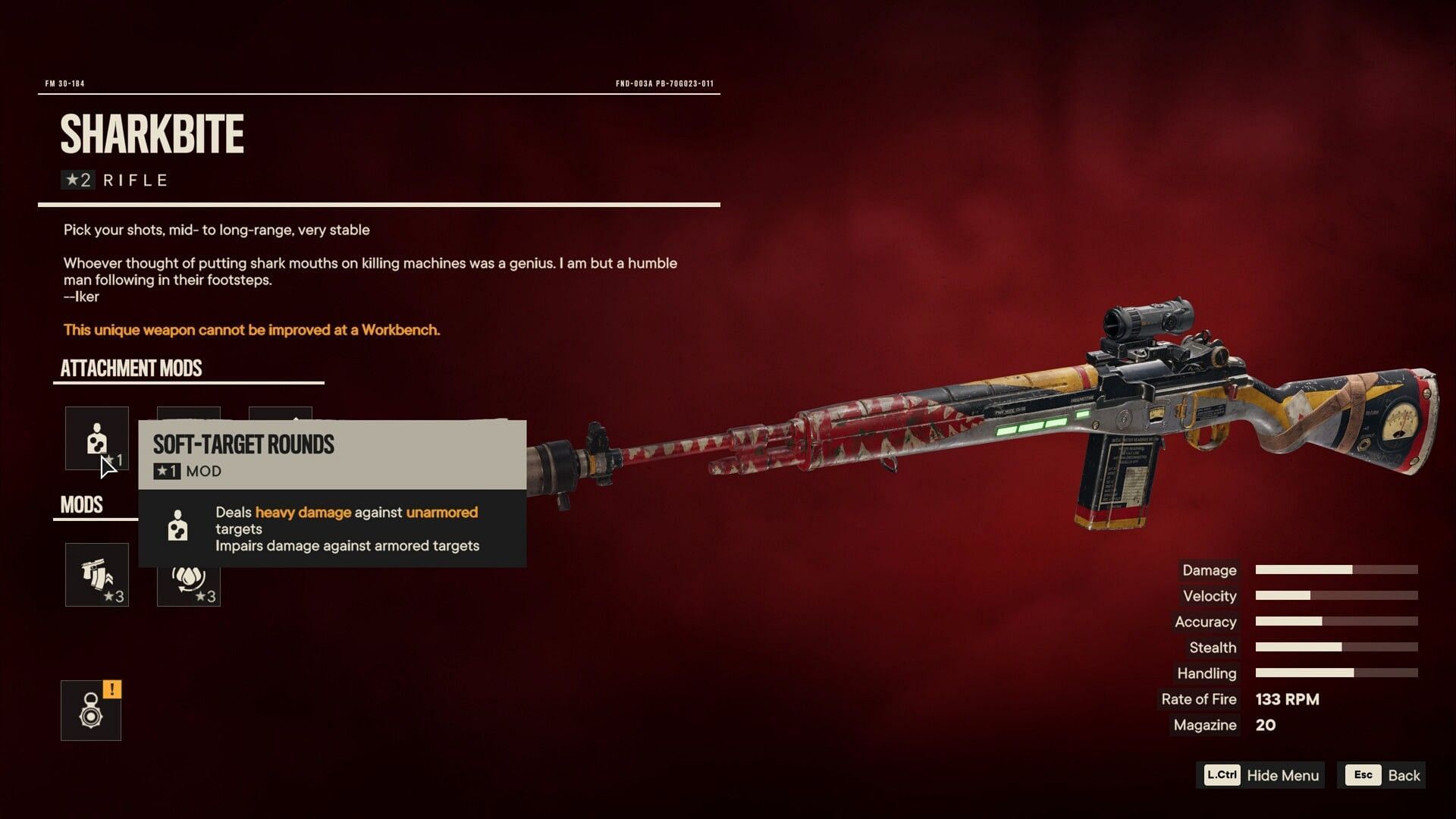 The Sharkbite stats screen in Far Cry 6 (Image via Ubisoft)