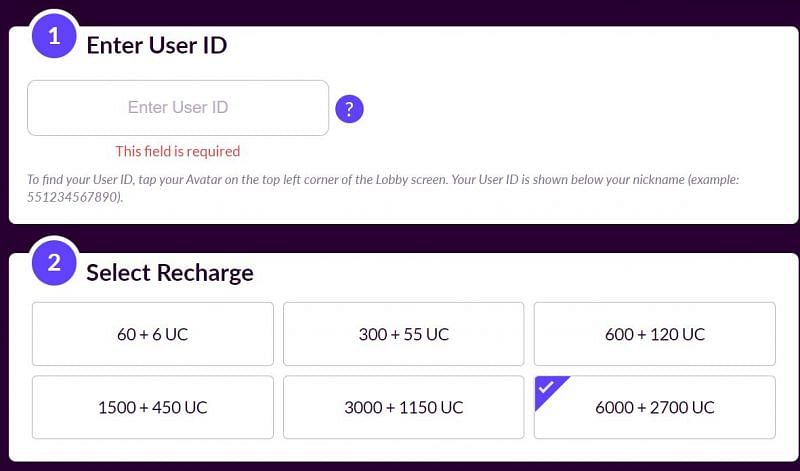Enter user ID, recharge and the other required items. (Image via Codashop)
