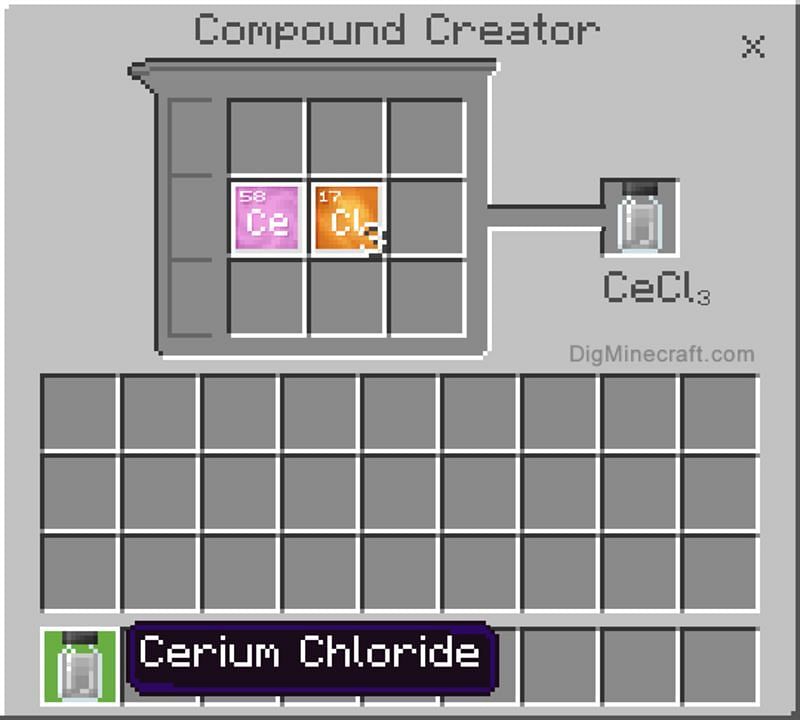 Pictured is the creation of Cerium Chloride within the compound creator (Image via Mojang/DigMinecraft)