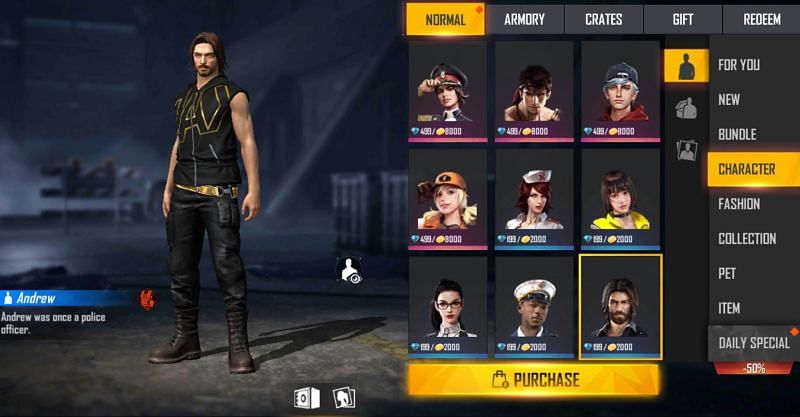 Players can purchase Andrew for 2000 gold (Image via Free Fire)