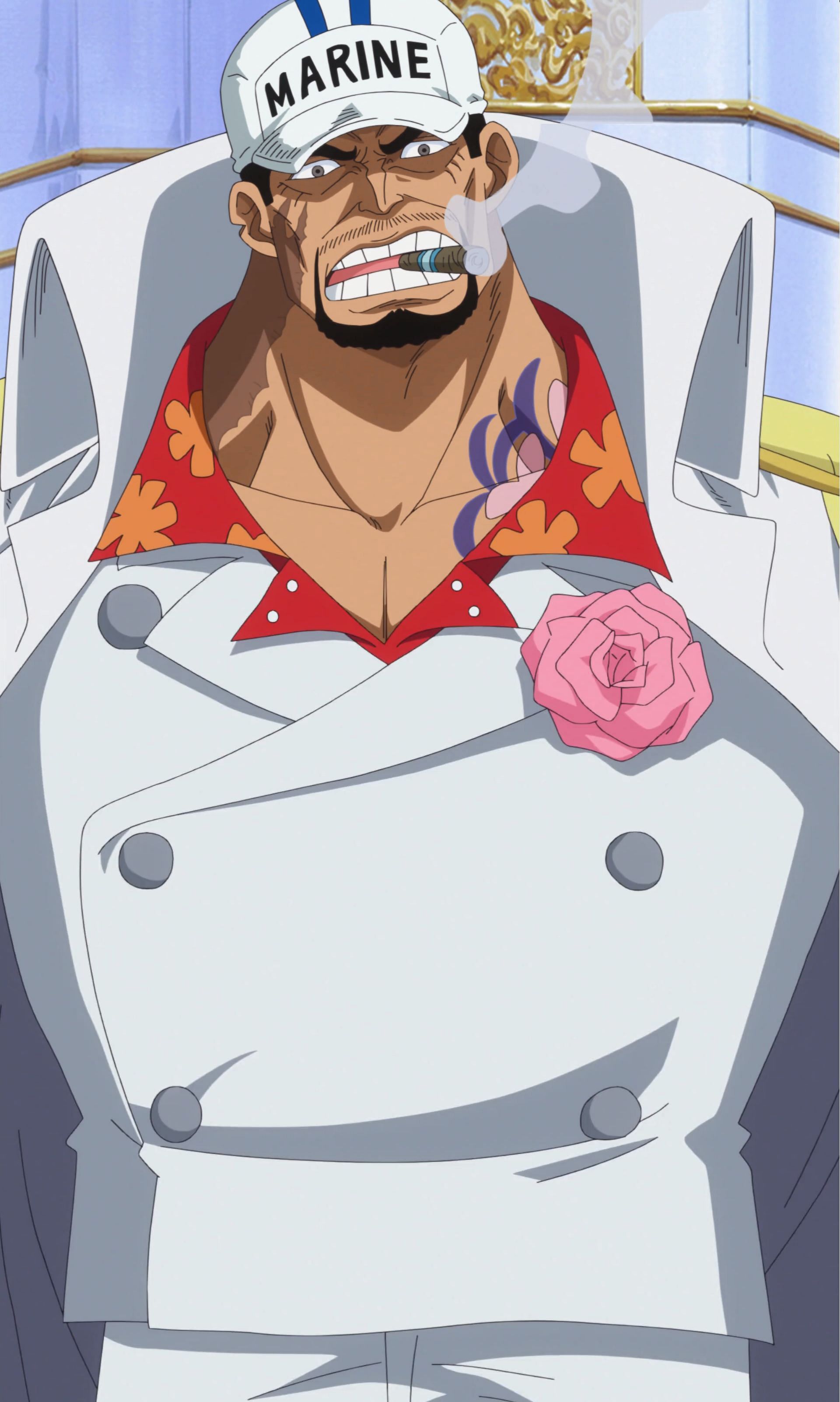 Akainu as Fleet Admiral Sakazuki, seen with the scars left to him by Whitebeard during the Marineford War. (Image via Toei Animation)