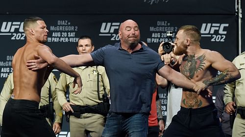 Conor McGregor (R) and Nate Diaz (L) face-off at UFC 202: Weigh-ins