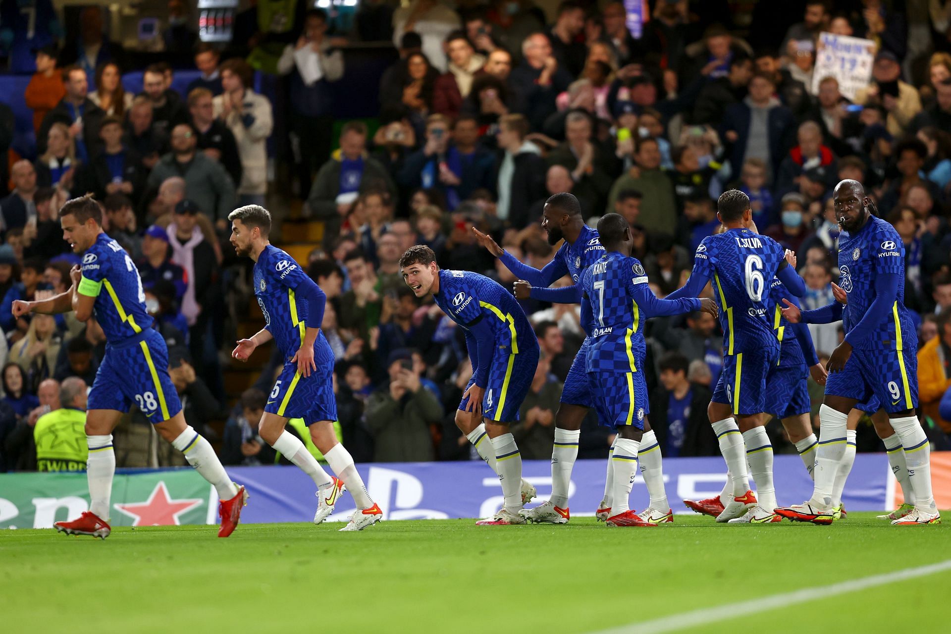 Andreas Christensen celebrates with teammates after scoring the team&#039;s first goal of the night.