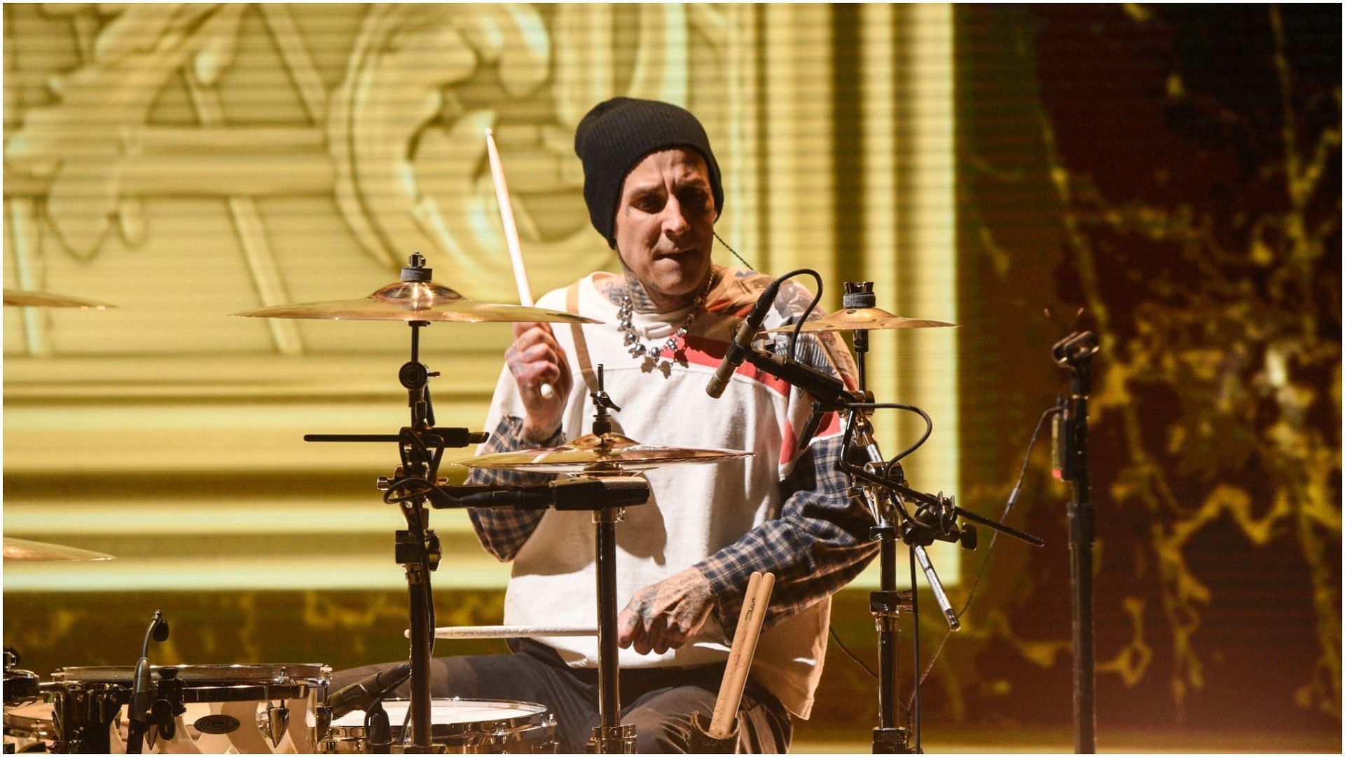 Travis Barker performs at the 2020 MTV Movie &amp; TV Awards: Greatest Of All Time broadcast on December 6, 2020 (Image via Getty Images)