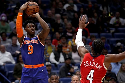 New York Knicks young star RJ Barrett #9 taking a three