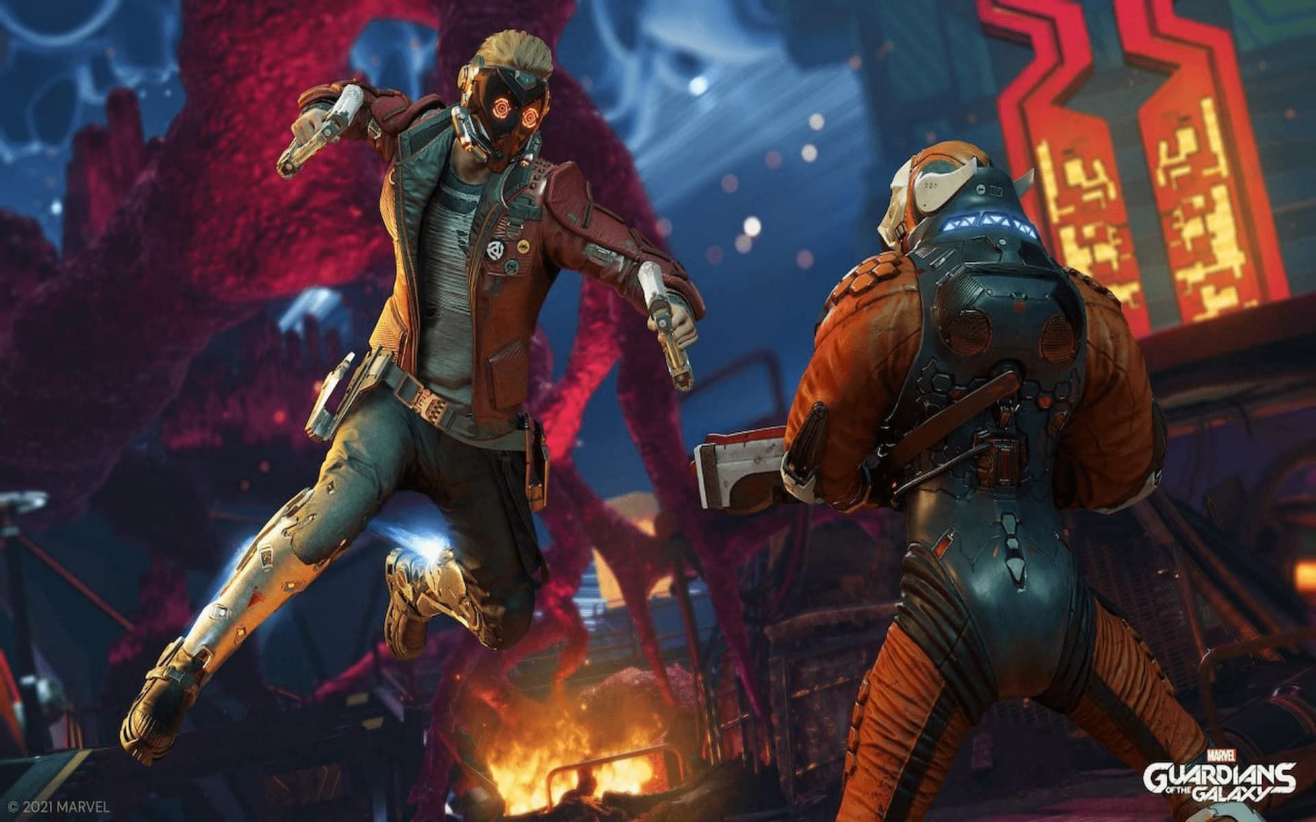 Star-Lord battling an enemy in Marvel&#039;s Guardians of the Galaxy. (Image via Square Enix)