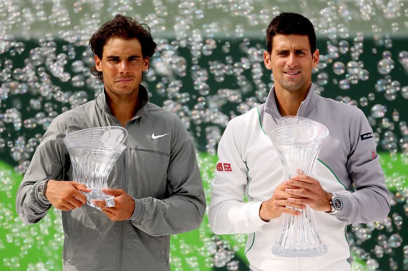 Rafael Nadal (L) and Novak Djokovic at the 2014 Sony Open