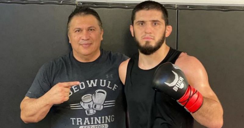 Islam Makhachev (right) with his American Kickboxing Academy head coach Javier Mendez (left) [Image Credit: @islam_makhachev on Instagram]