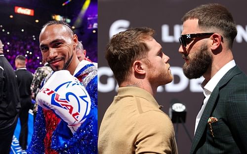 Keith Thurman (left), Canelo Alvarez and Caleb Plant face off (right) [Credits: @keithonetimethurman via Instagram, @BTSportBoxing via Twitter]