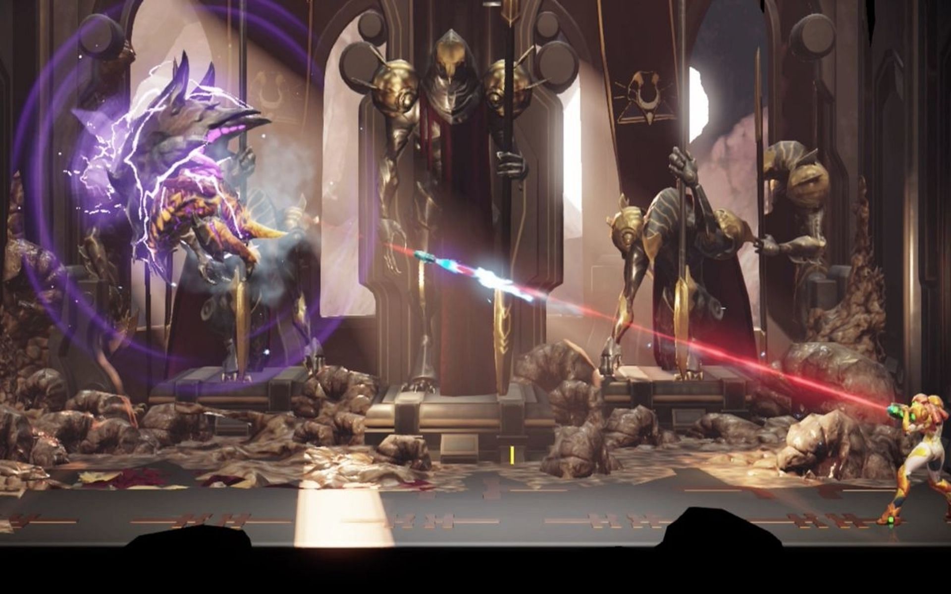 Escue is impervious to damage with the electric sparks around it (Image via MercurySteam)