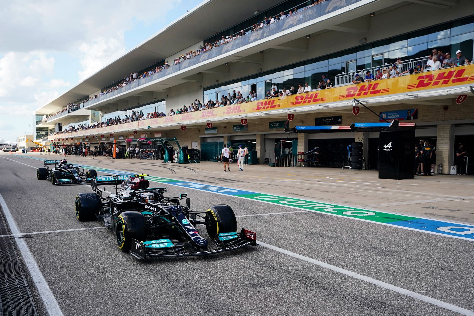 Valtteri Bottas of Finland drivng into the Pitlane during qualifying ahead of the 2021 USGP in Austin, Texas. (Photo by Darron Cummings - Pool/Getty Images)