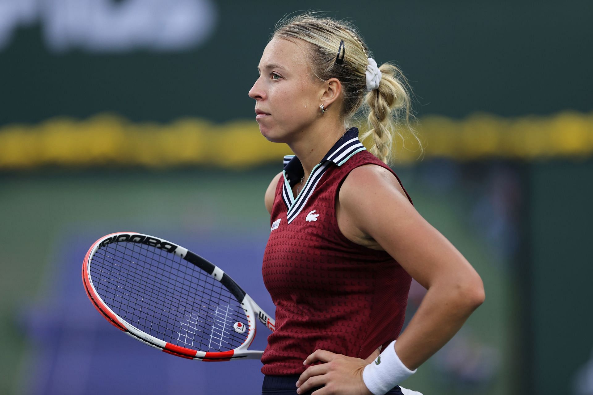 Anett Kontaveit looks on during a match at the BNP Paribas Open