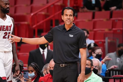 Head Coach Erik Spoelstra of the Miami Heat coaching against the Charlotte Hornets during the preseason game at FTX Arena on October 11, 2021 in Miami, Florida.