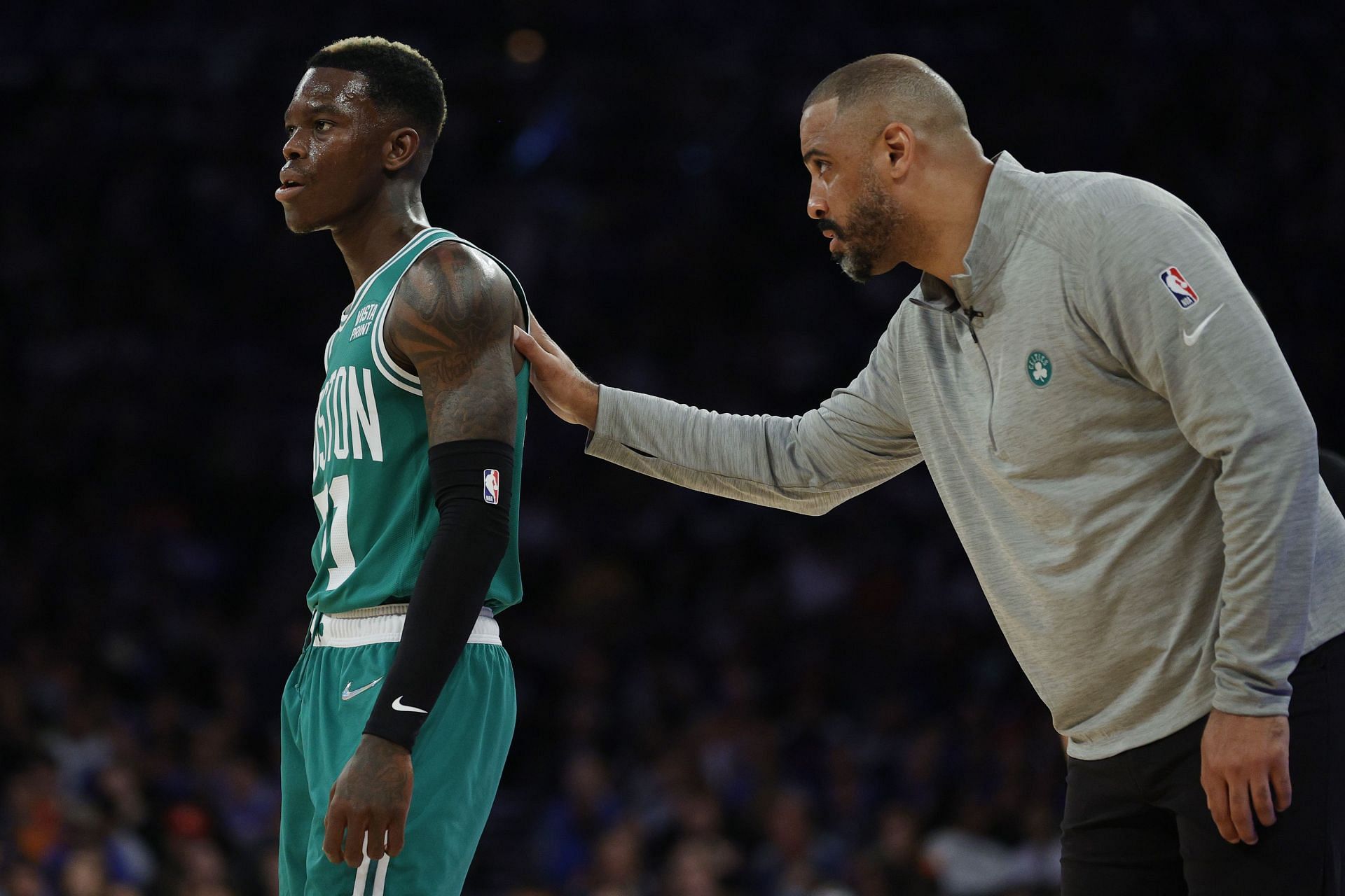 Dennis Schroder talks to coach Ime Udoka during the Boston Celtics v New York Knicks match