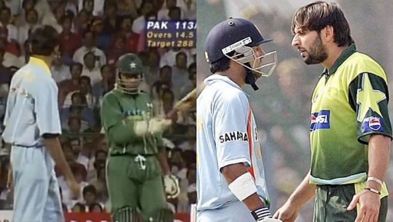 (Left) Venkatesh Prasad and Aamer Sohail; (Right) Gautam Gambhir and Shahid Afridi