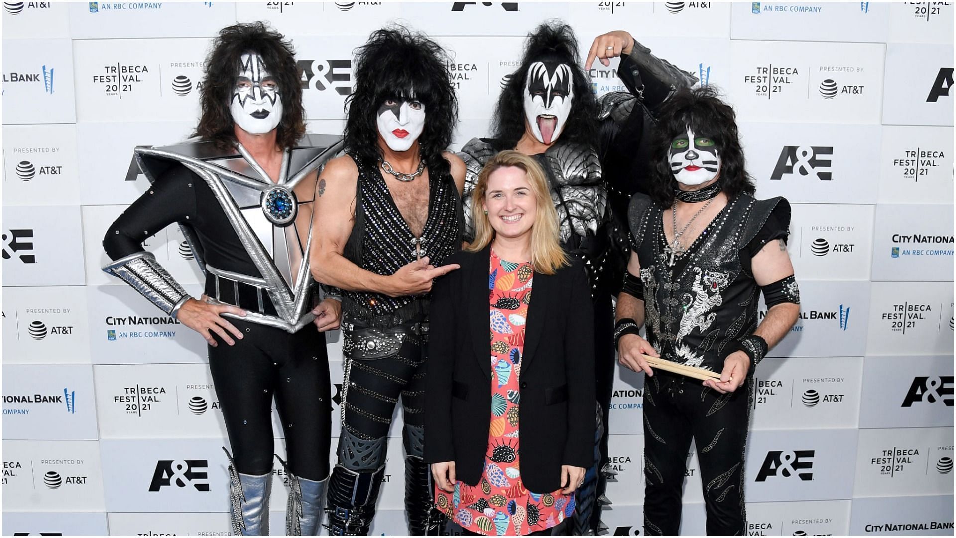 Tommy Thayer, Paul Stanley, Cara Cusumano, Gene Simmons, and Eric Singer at the Tribeca Festival screening of &quot;Biography: KISStory&quot; at Battery Park on June 11, 2021 in New York City. (Image via Getty Images)