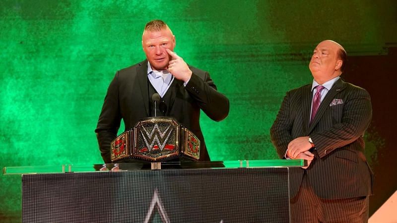 Brock Lesnar speaking at the Crown Jewel press conference in 2019