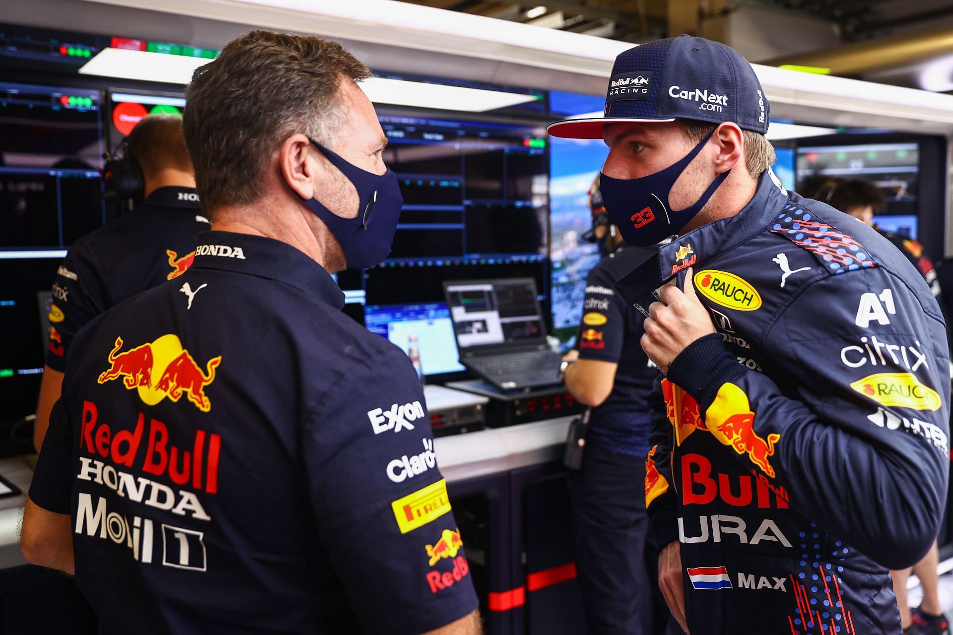 Max Verstappen talks with Red Bull Racing Team Principal Christian Horner in the garage during practice ahead of the 2021 USGP in Austin, Texas. (Photo by Mark Thompson/Getty Images)