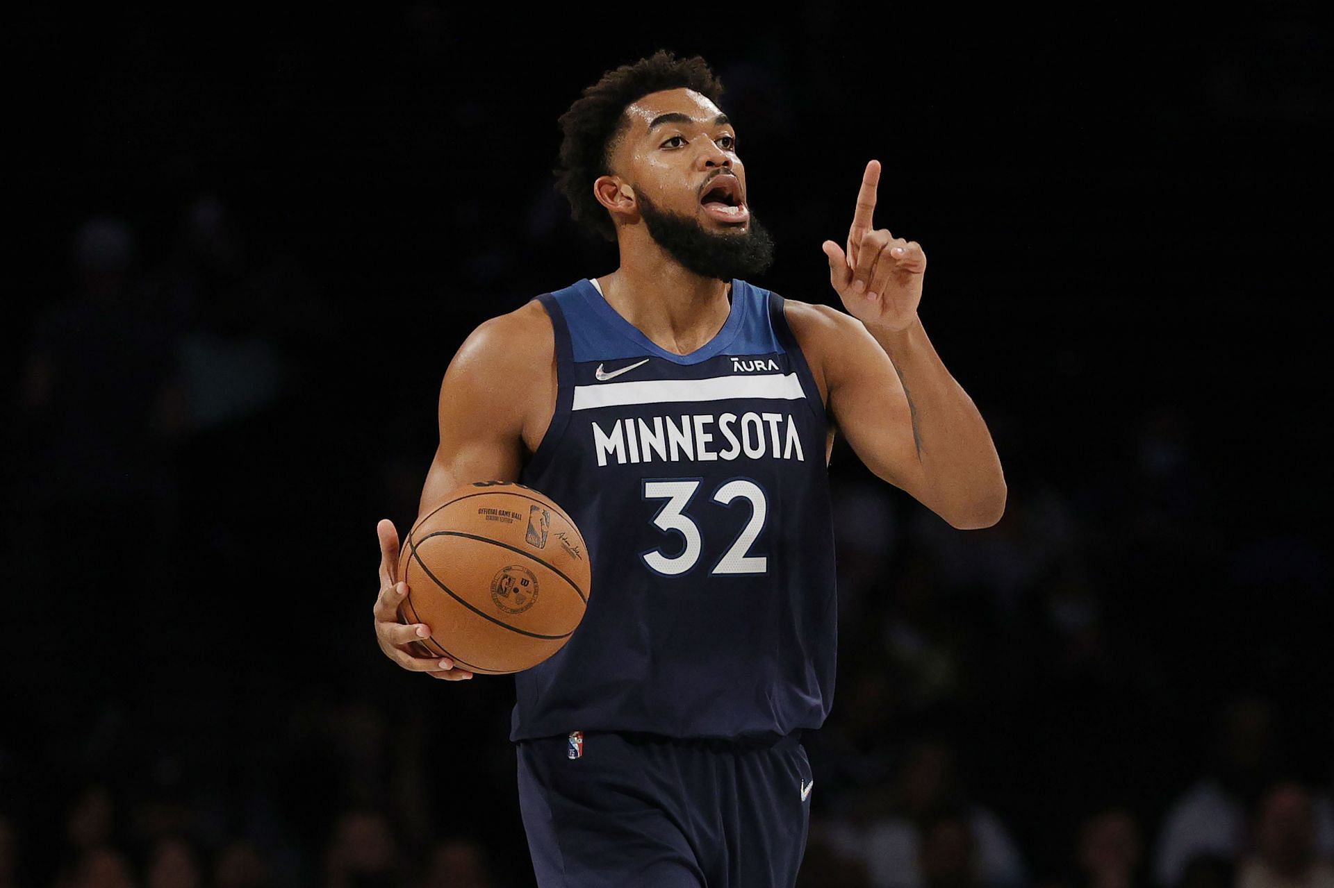 Karl-Anthony Towns #32 of the Minnesota Timberwolves calls a play during the second half against the Brooklyn Nets at Barclays Center on October 14, 2021 in the Brooklyn borough of New York City. The Nets won 107-101.