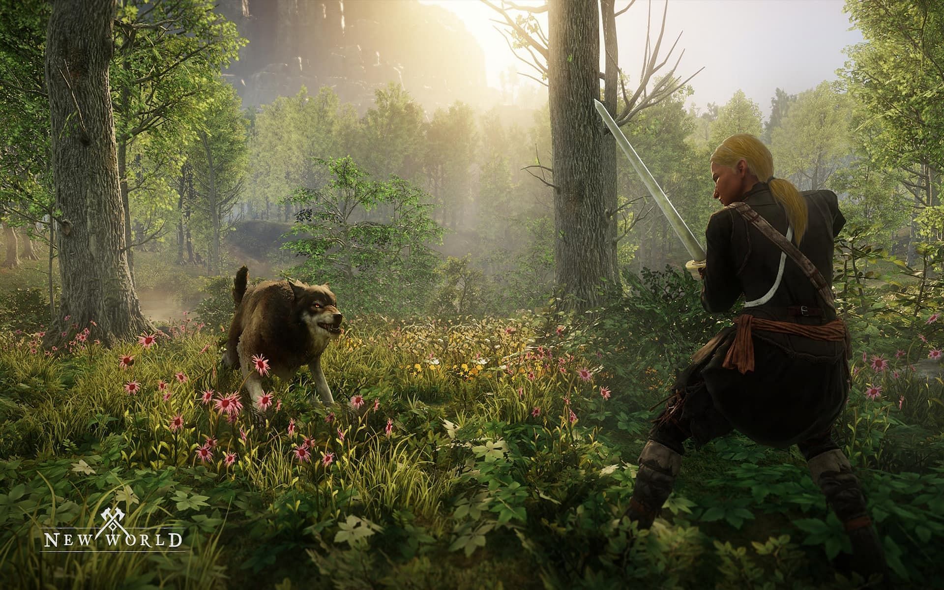 A player battling a wolf in New World (Image via Amazon Games)