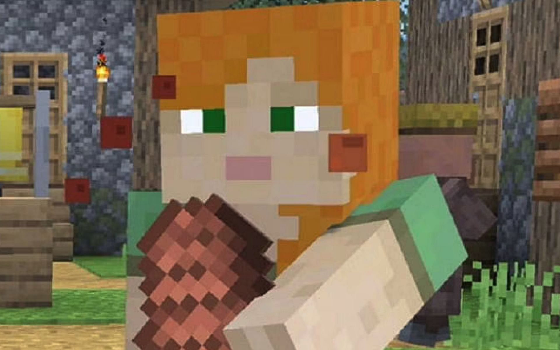 An image of Minecraft&#039;s Alex eating steak in-game. (Image via Minecraft)