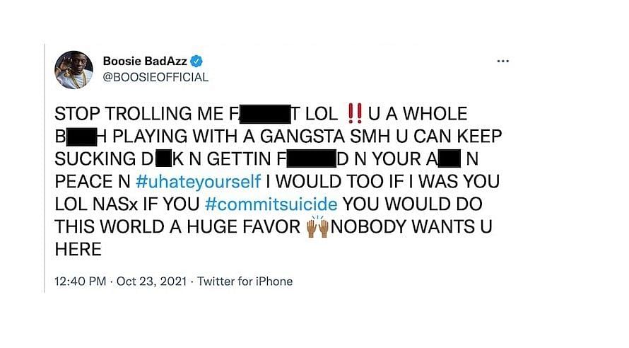Boosie&#039;s homophobic tweet against Lil Nas X (Image via BOOSIEOFFICIAL/Twitter)