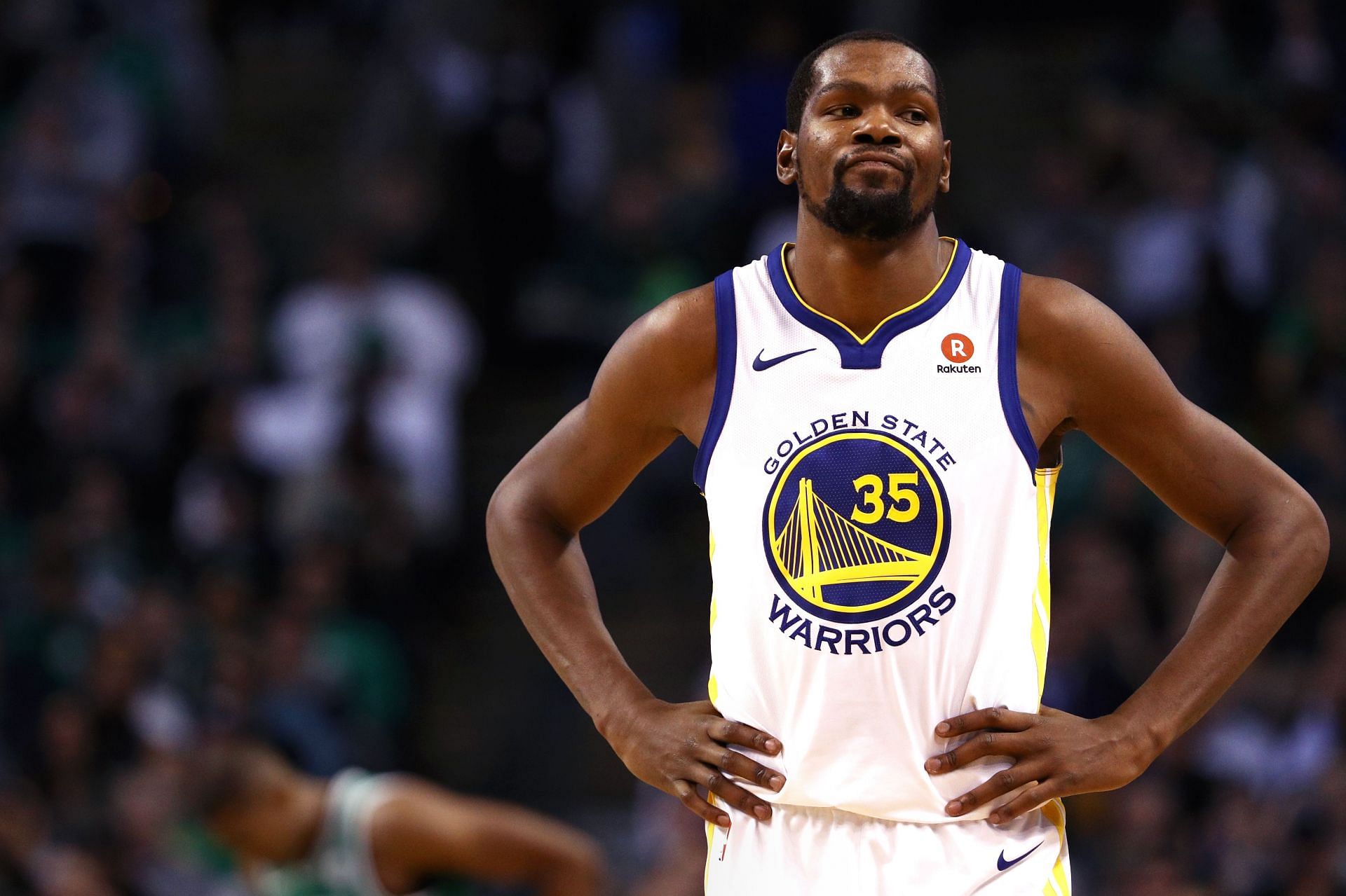 Kevin Durant #35 of the Golden State Warriors looks on during the second quarter against the Boston Celtics