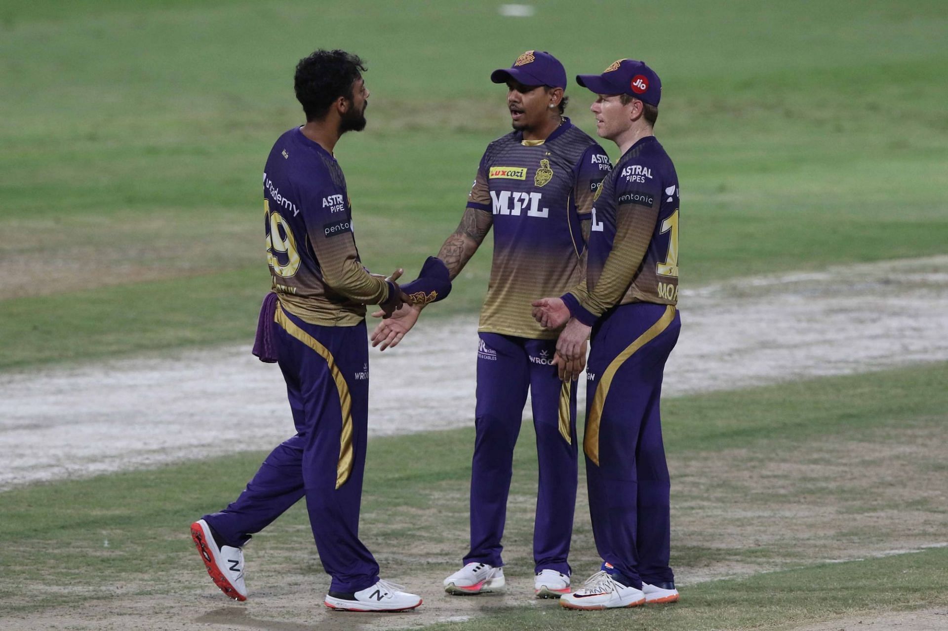 Sunil Narine (center) was a game-changer for the Kolkata Knight Riders in IPL 2021 (image Courtesy: IPLT20.com)