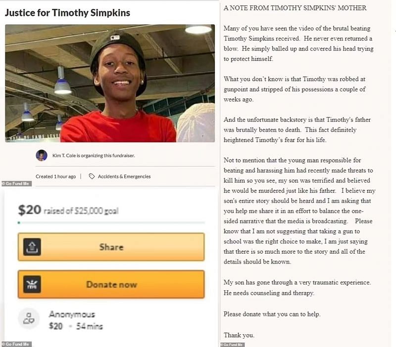 Timothy Simpkins&#039; deleted GoFundMe Page (Image via Daily Mail)