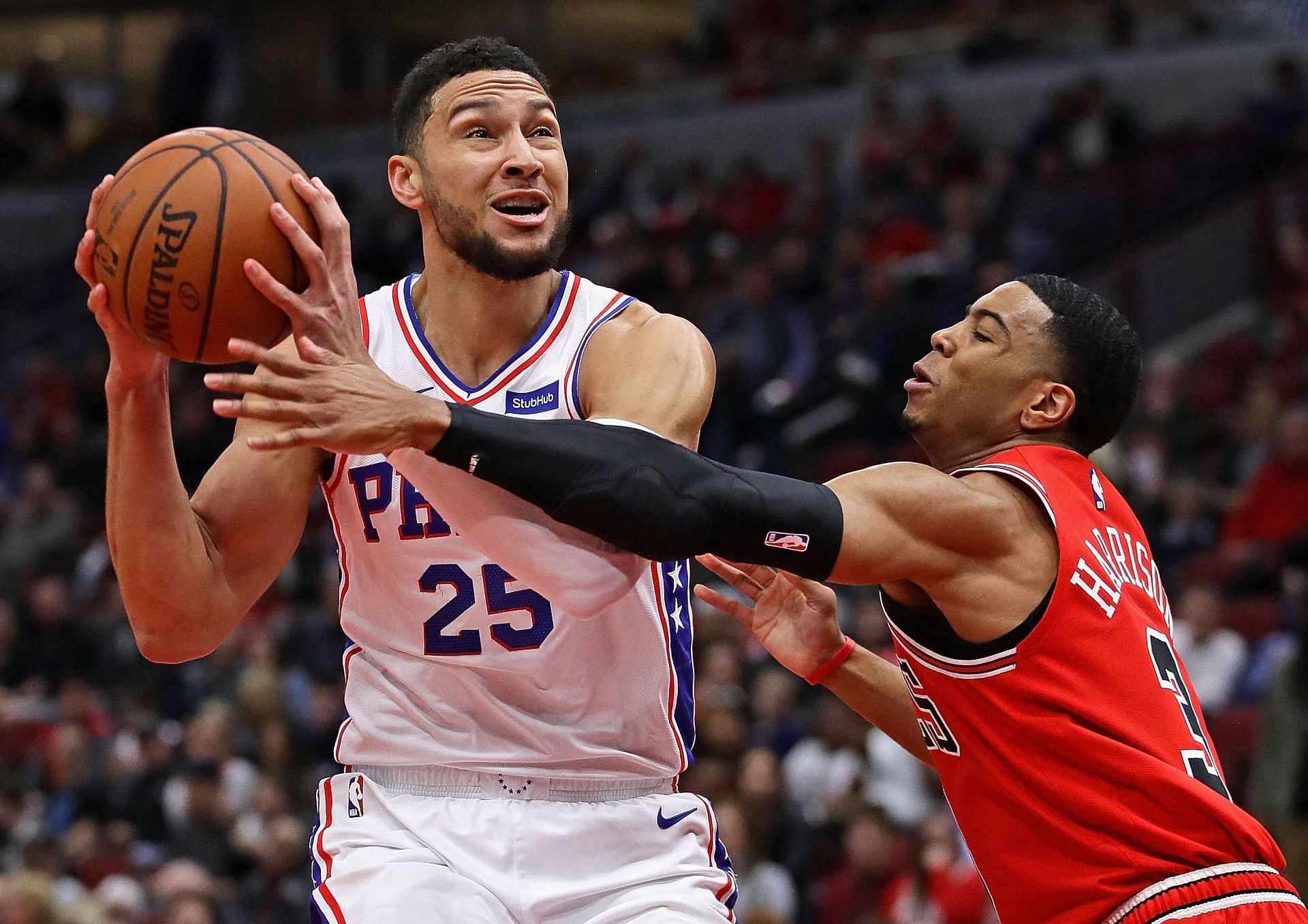 Philadelphia 76ers All-Star Ben Simmons #25 playing against the Chicago Bulls