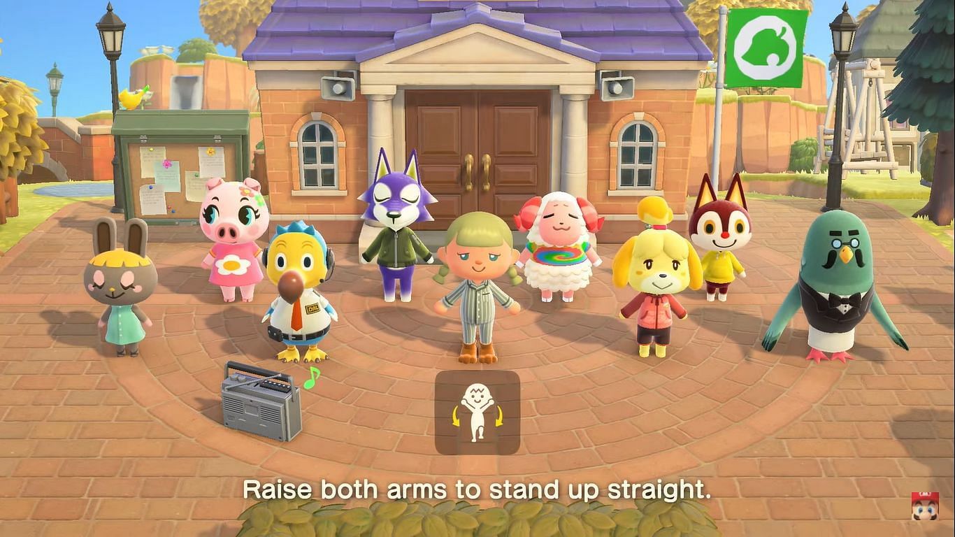 Players will be able to participate in group stretching exercises with other Animal Crossing characters using their Joy-Cons (Image via Nintendo)