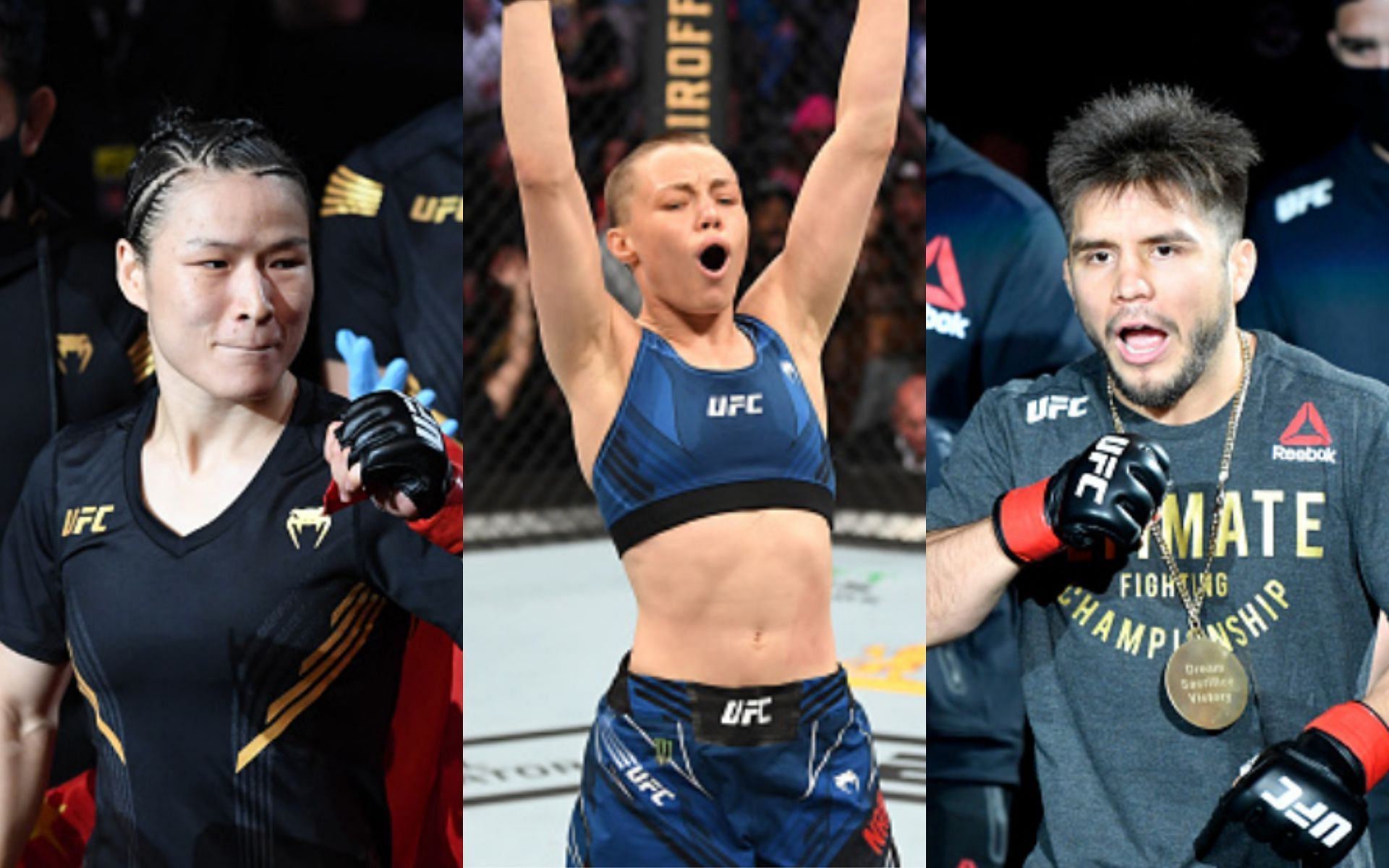 Zhang Weili (left); Rose Namajunas (center); Henry Cejudo (right)