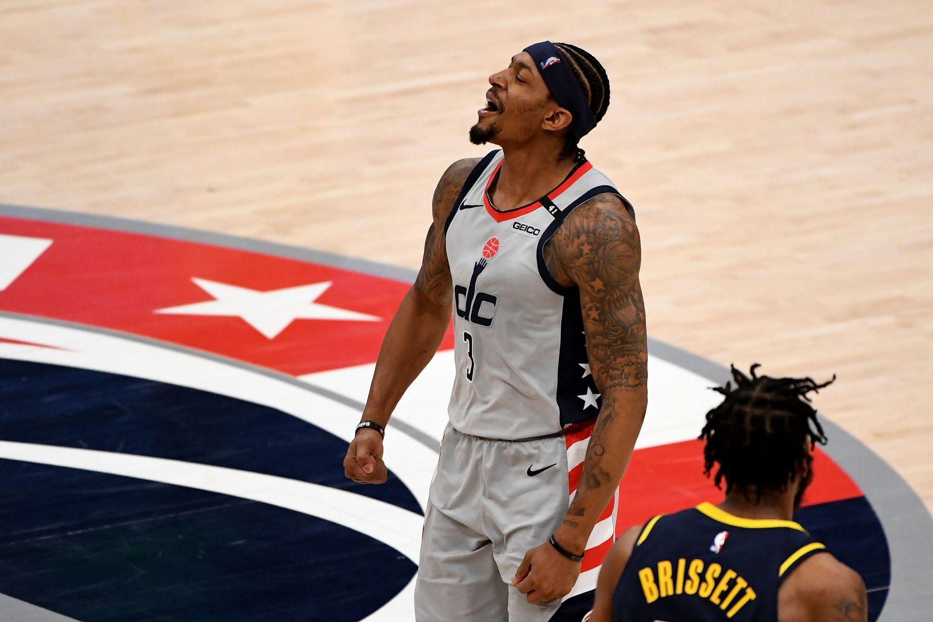 Bradley Beal #3 of the Washington Wizards celebrates after a play against the Indiana Pacers during the second half at Capital One Arena on May 20, 2021 in Washington, DC.